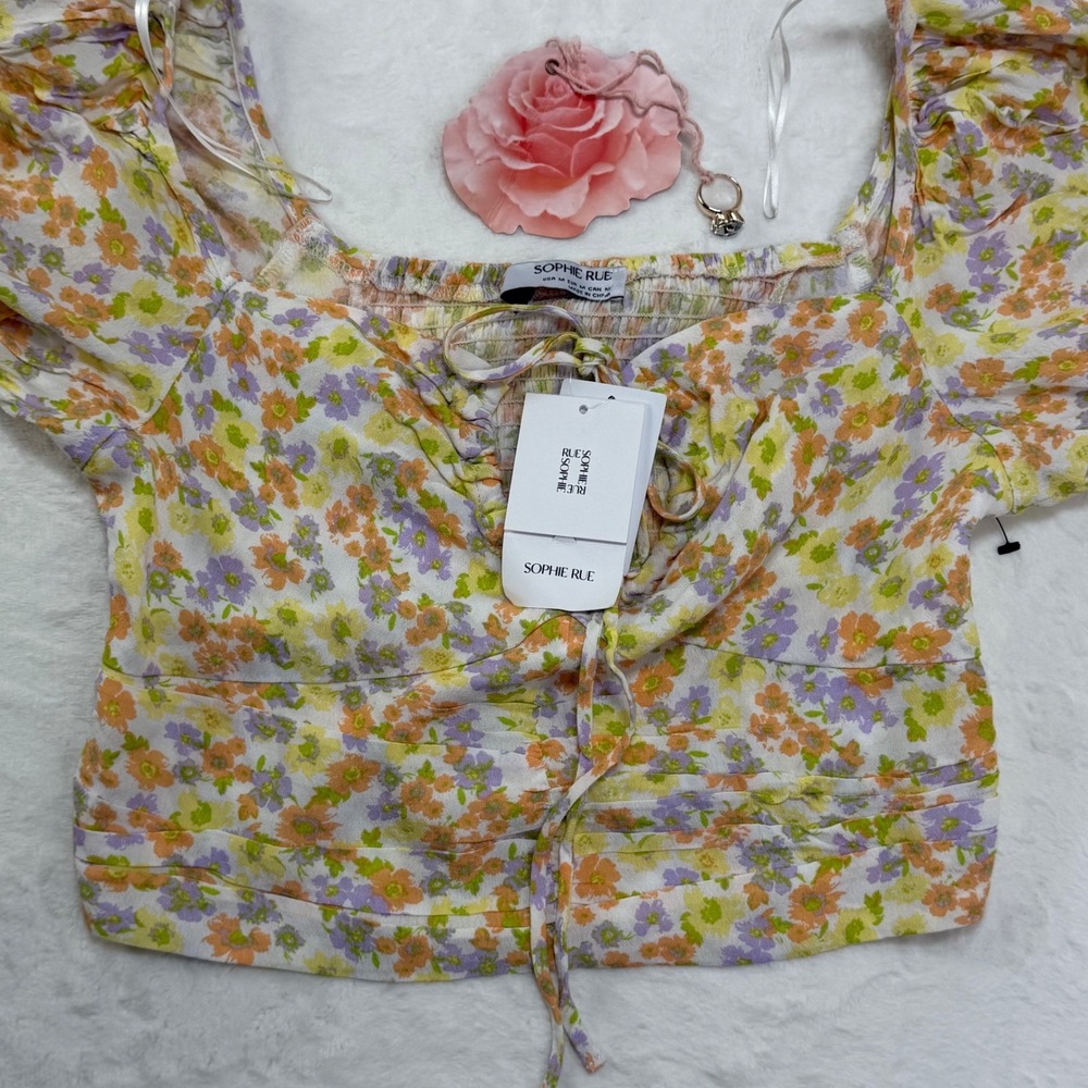 SOPHIE‎ RUE Floral Puff Sleeve Smocked Square Neck Crop Top